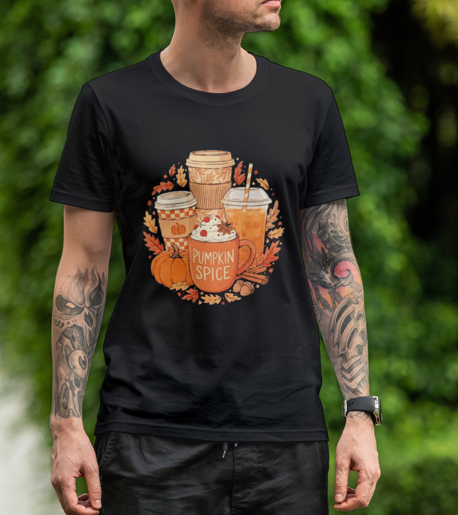 Pumpkin Spice Fall Coffee Drinks Autumn Leaves Acorns Cinnamon Sticks T-Shirt