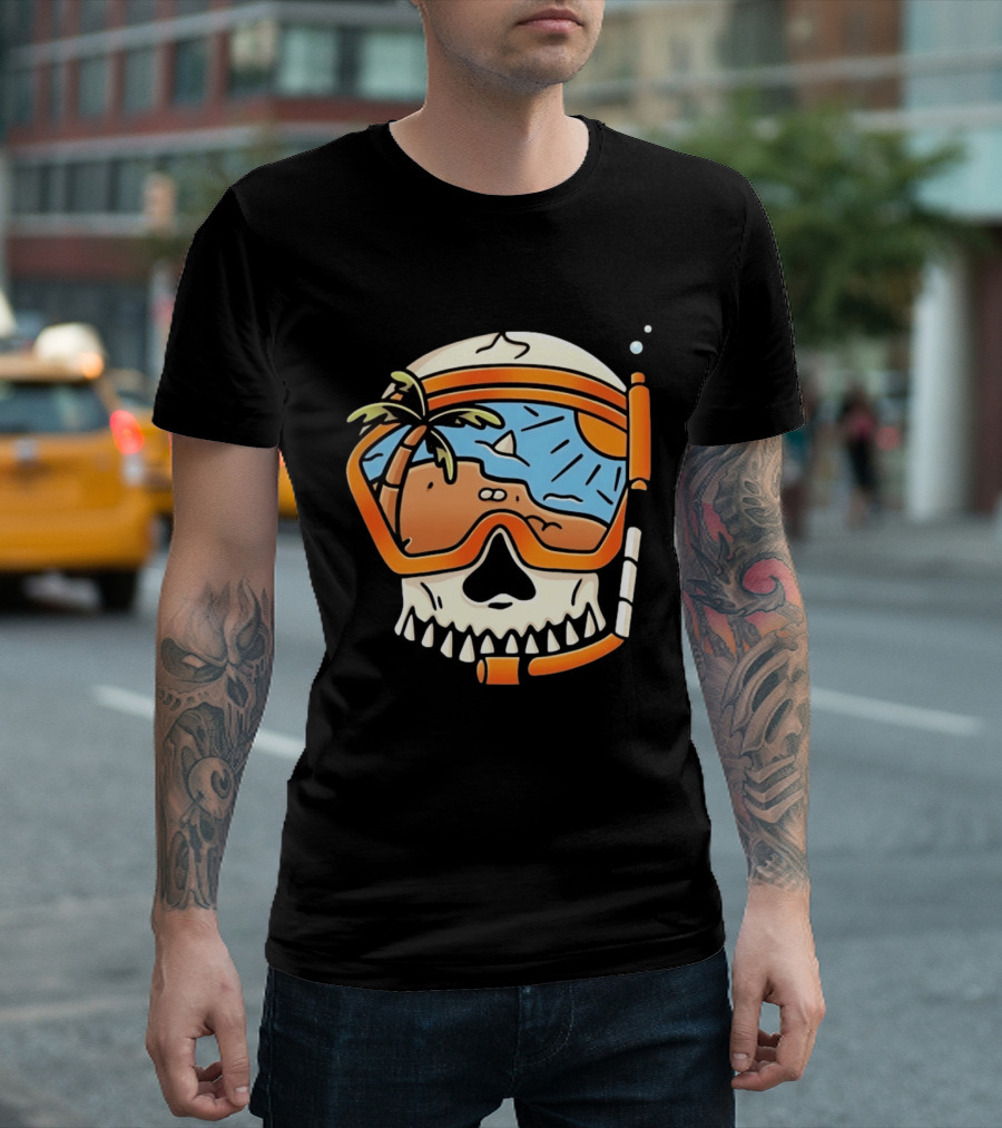Skull Wearing Snorkel Mask With Tropical Beach Scene Palm Tree Sun T-Shirt