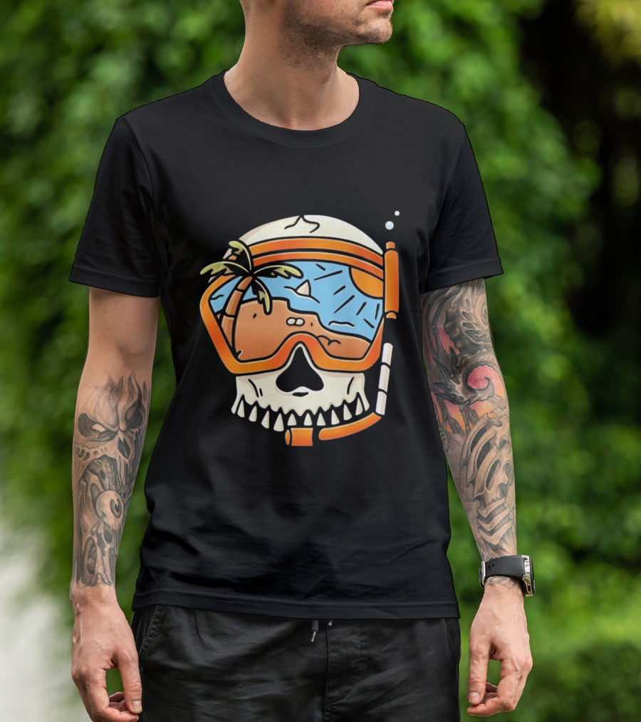 Skull Wearing Snorkel Mask With Tropical Beach Scene Palm Tree Sun T-Shirt