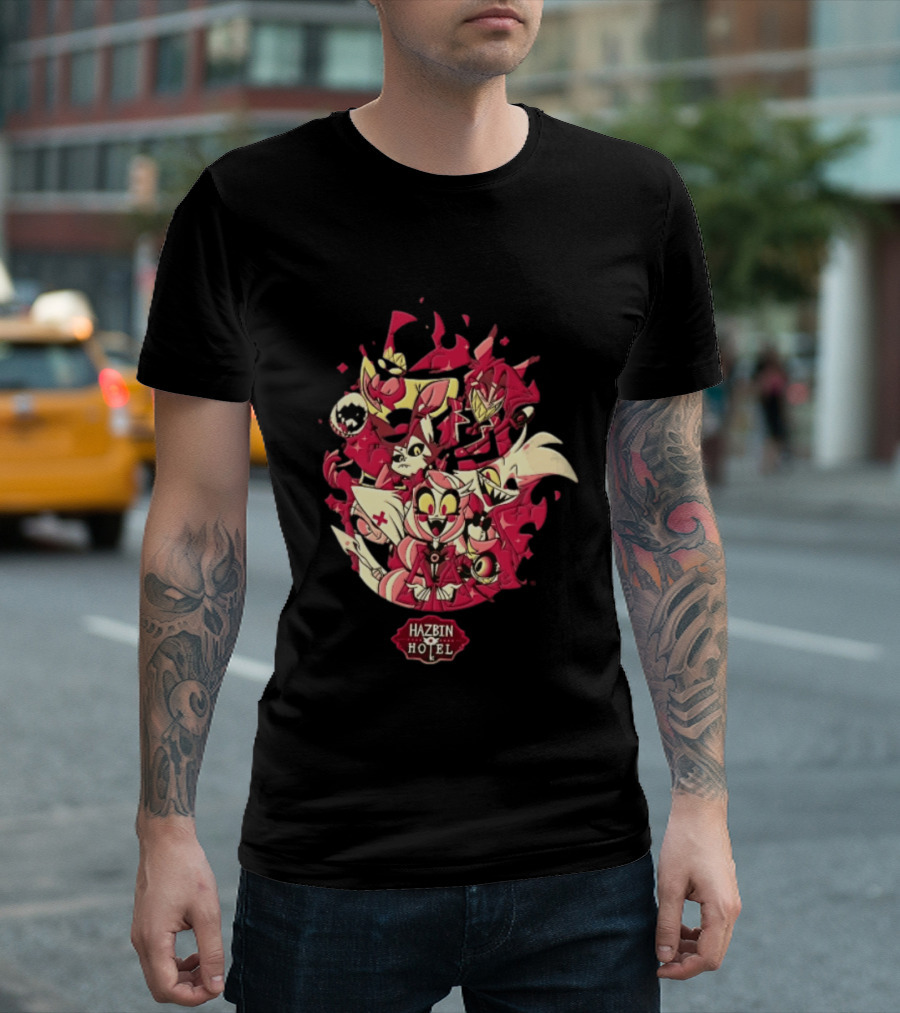 Hazbin Hotel Demon Characters Group Red Sparkles Cartoon Alastor Angel Dust Charlie Vaggie T-Shirt
