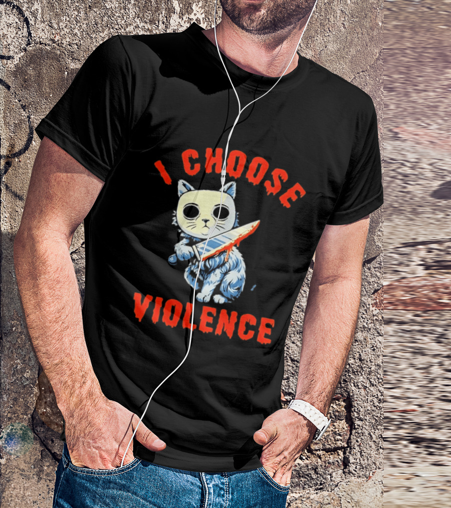 I Choose Violence Cat With Knife Horror Creepy Mask T-Shirt