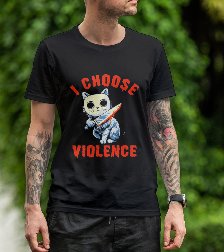 I Choose Violence Cat With Knife Horror Creepy Mask T-Shirt