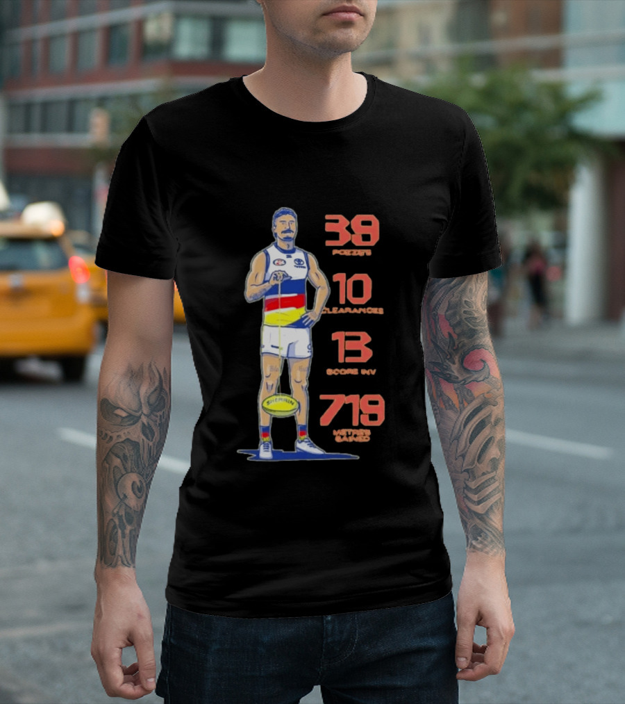 Izak Rankine Adelaide Crows 39 Pozzies 10 Clearances 13 Score Inv 719 Metres Gained AFL Sherrin Rugby Stats T-Shirt