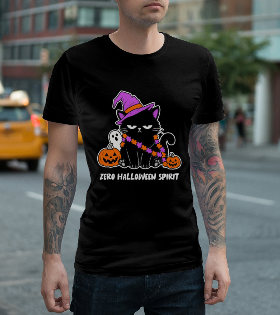 Zero Halloween Spirit Grumpy Black Cat With Pumpkin Ghost And Hat T-Shirt