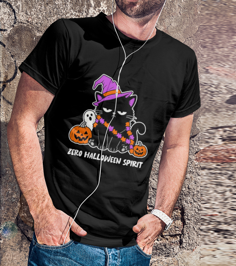 Zero Halloween Spirit Grumpy Black Cat With Pumpkin Ghost And Hat T-Shirt