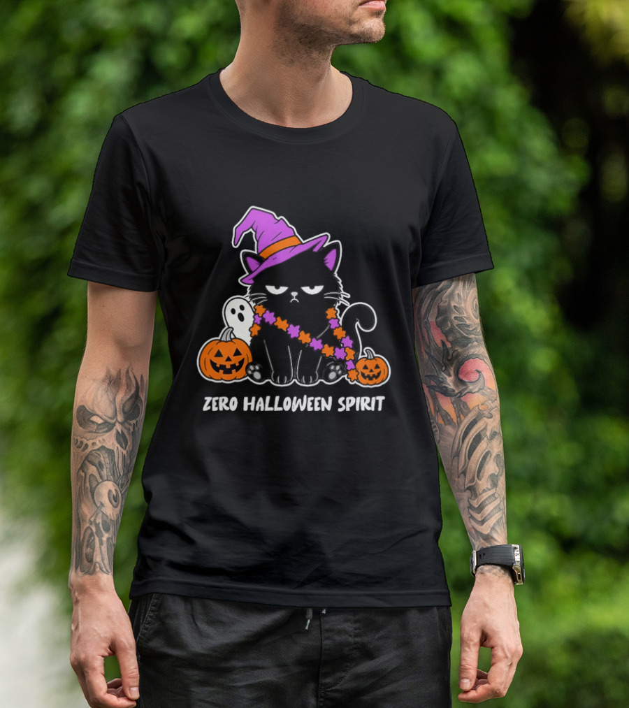 Zero Halloween Spirit Grumpy Black Cat With Pumpkin Ghost And Hat T-Shirt