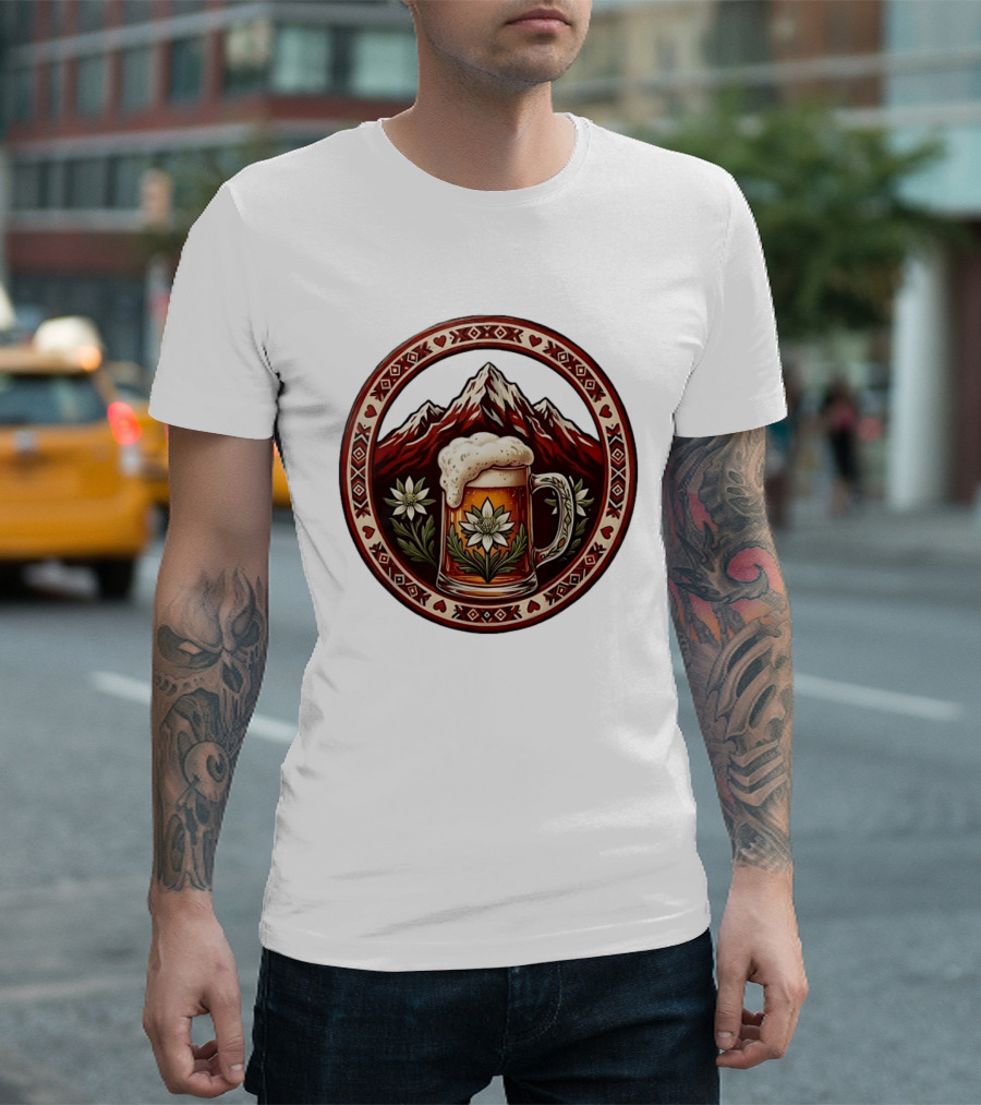 Alpine Beer Edelweiss Mountain Peaks Bavarian Heart Border T-Shirt