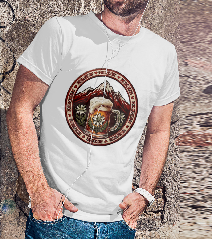 Alpine Beer Edelweiss Mountain Peaks Bavarian Heart Border T-Shirt