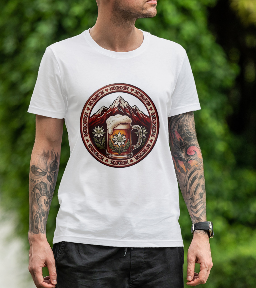 Alpine Beer Edelweiss Mountain Peaks Bavarian Heart Border T-Shirt