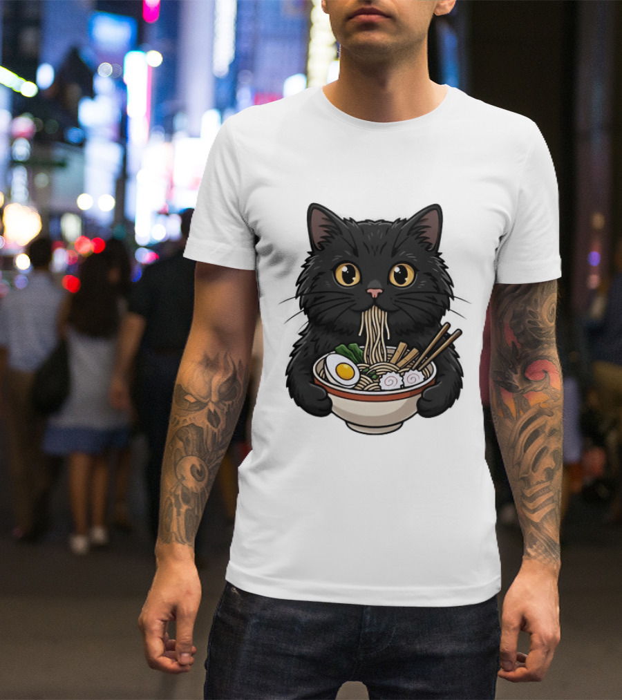 Black Cat Enjoying Ramen Noodles Anime T-Shirt