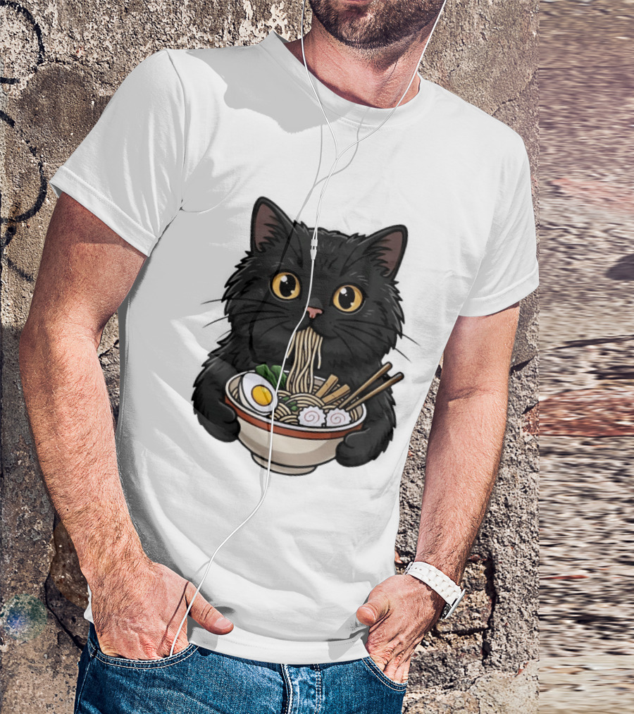 Black Cat Enjoying Ramen Noodles Anime T-Shirt