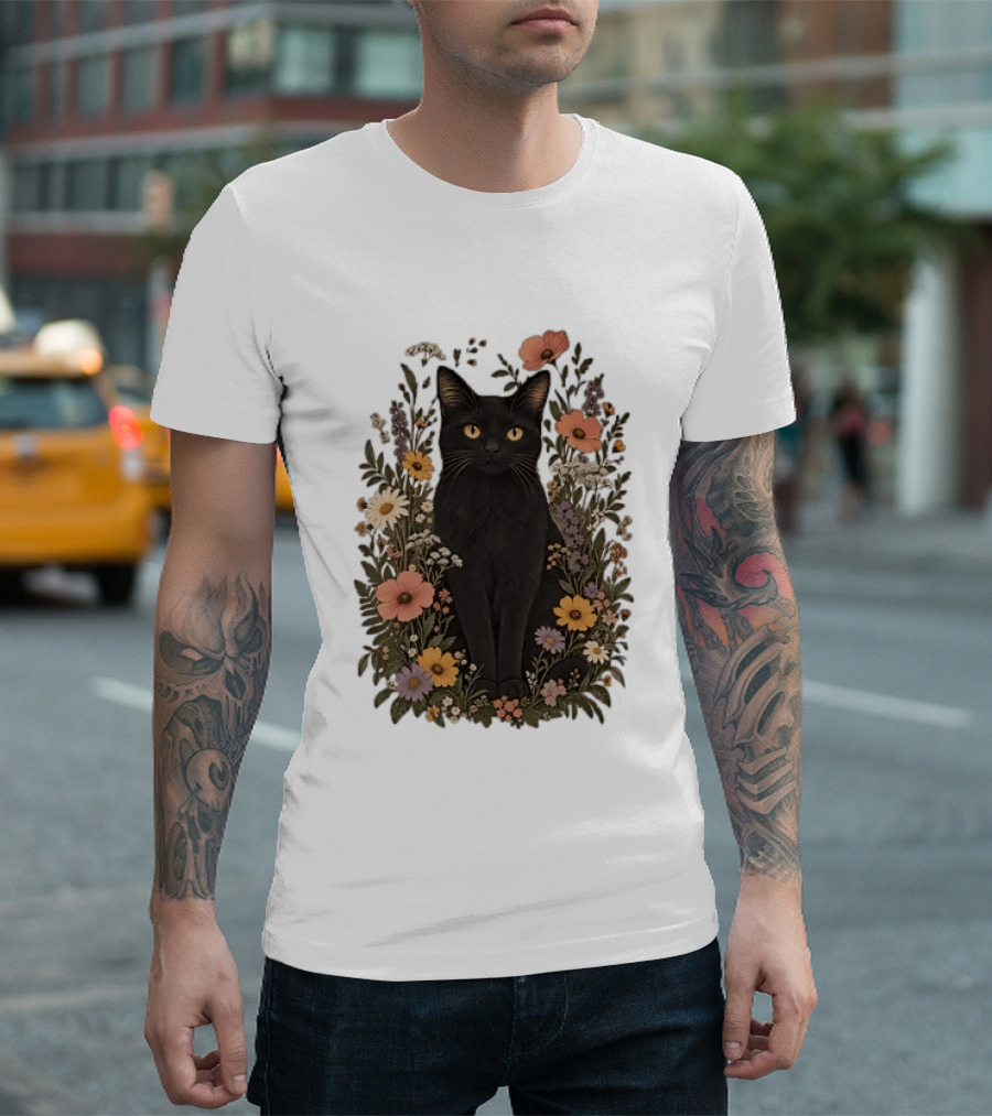 Black Cat In Blooming Garden Of Wildflowers T-Shirt