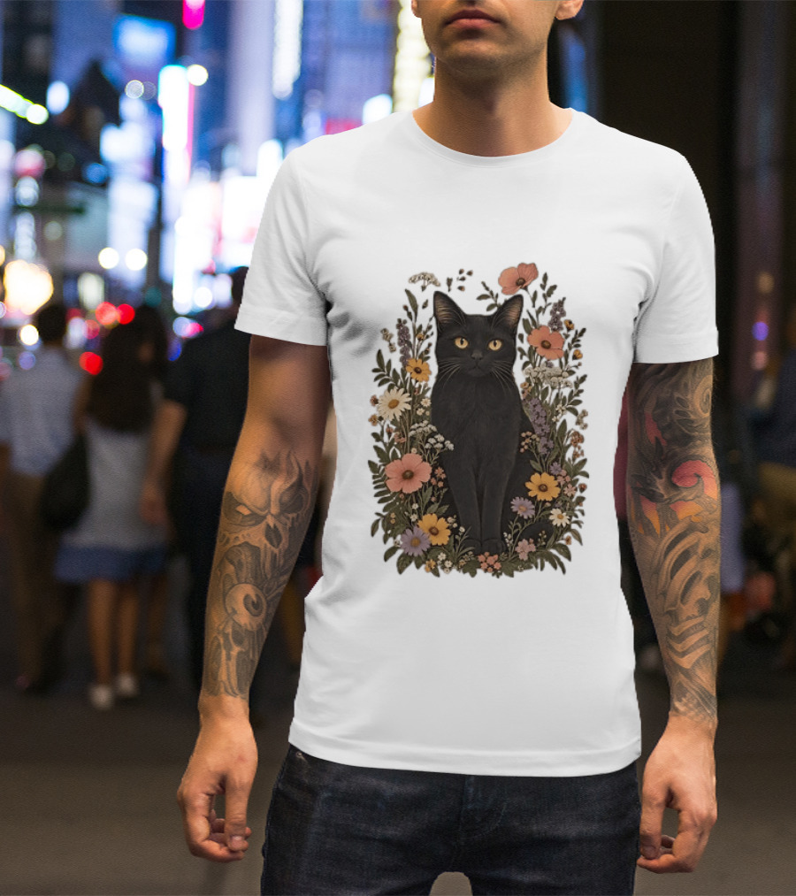 Black Cat In Blooming Garden Of Wildflowers T-Shirt