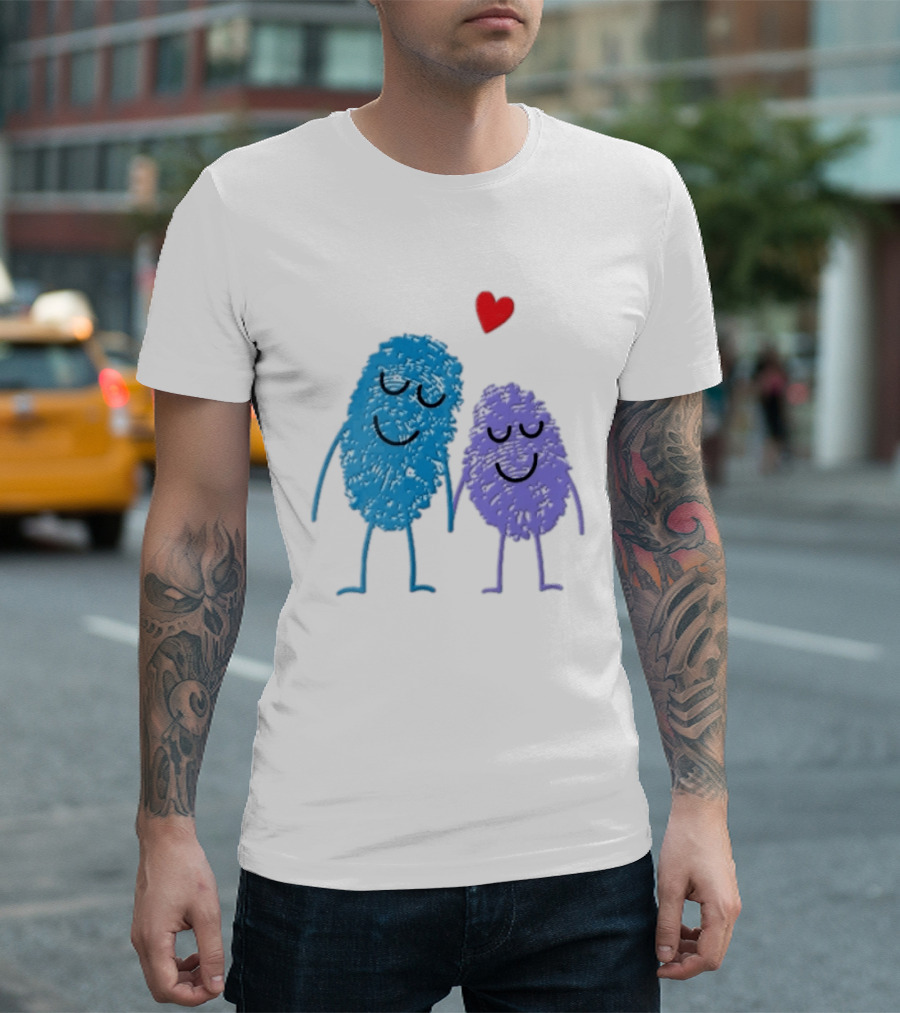 Blue Purple Fingerprint Characters Holding Hands Red Heart Cartoon T-Shirt