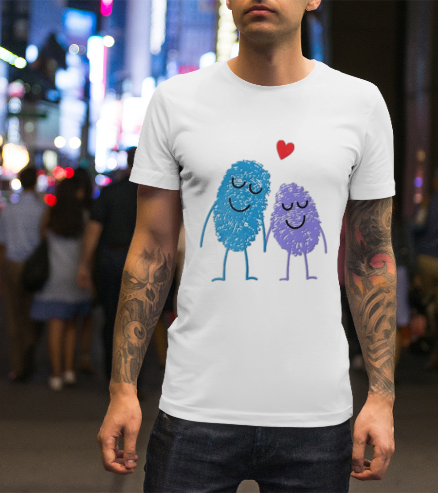 Blue Purple Fingerprint Characters Holding Hands Red Heart Cartoon T-Shirt