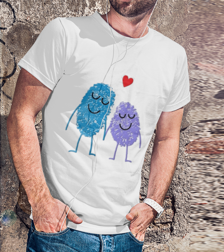 Blue Purple Fingerprint Characters Holding Hands Red Heart Cartoon T-Shirt