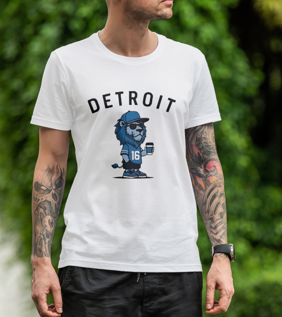 Detroit Lions Lion Mascot Jersey 16 With Coffee T-Shirt