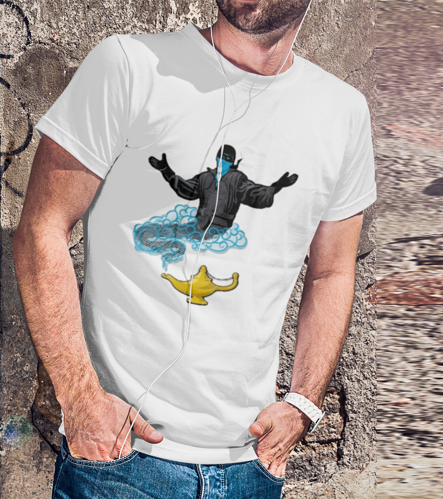 Dread Pirate Roberts Genie Man In Black With Golden Magic Lamp Halftone Cartoon T-Shirt