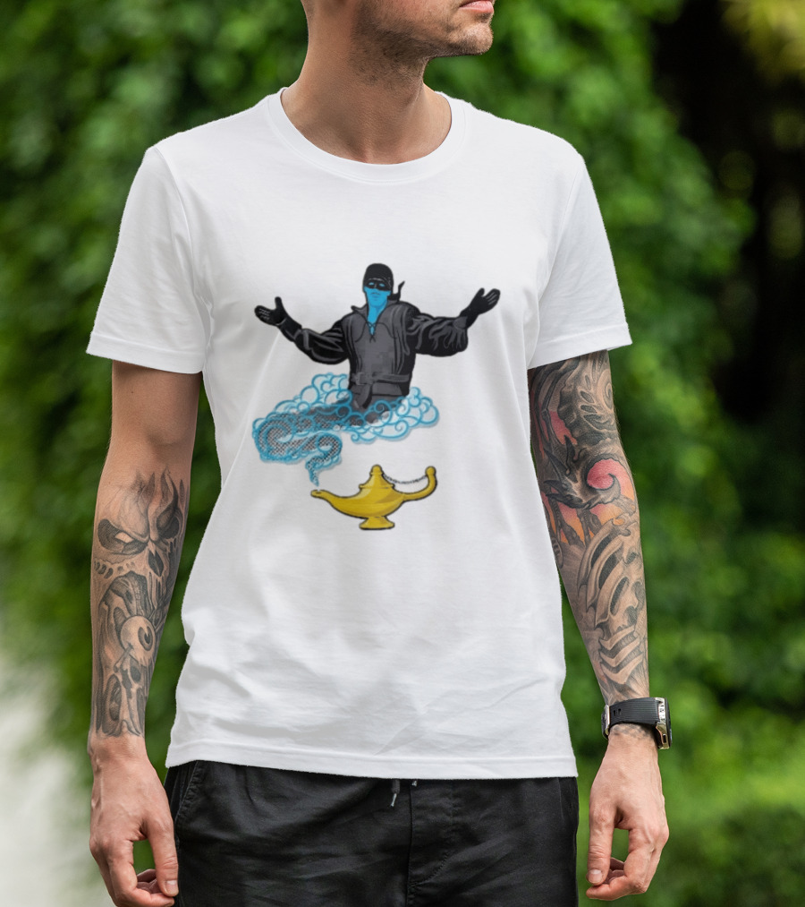 Dread Pirate Roberts Genie Man In Black With Golden Magic Lamp Halftone Cartoon T-Shirt