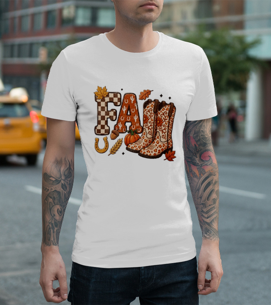 Fall Western Cowboy Boots Pumpkin Horseshoe Wheat Harvest Season T-Shirt