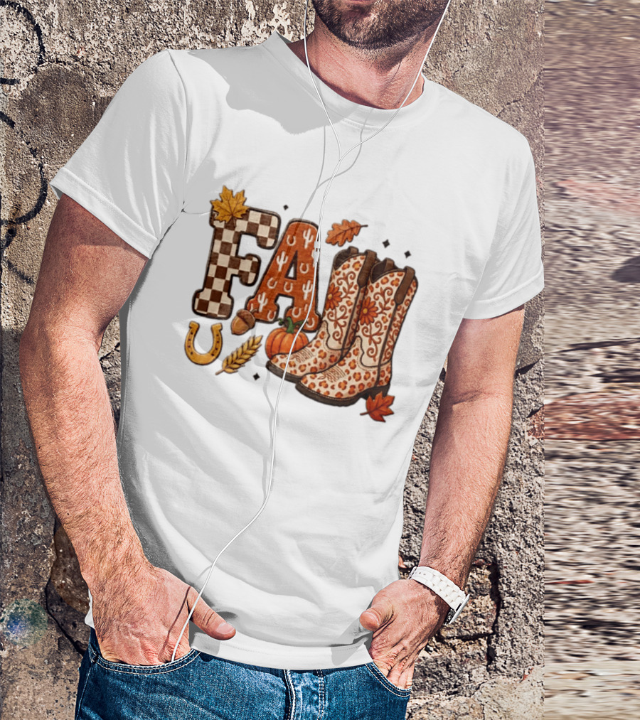 Fall Western Cowboy Boots Pumpkin Horseshoe Wheat Harvest Season T-Shirt