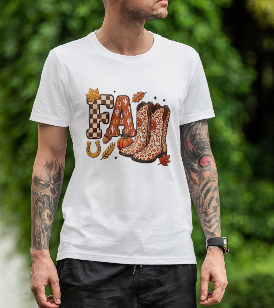 Fall Western Cowboy Boots Pumpkin Horseshoe Wheat Harvest Season T-Shirt