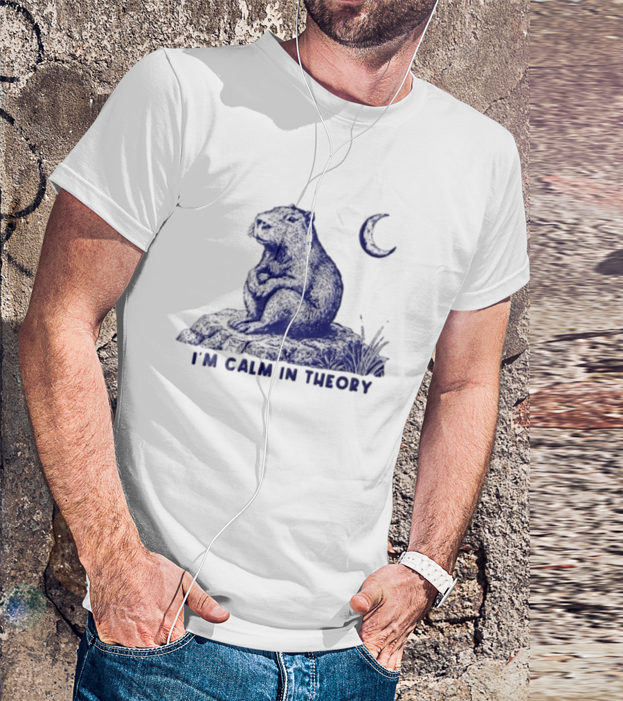 I'm Calm In Theory Capybara Sitting On Rock Under Crescent Moon T-Shirt