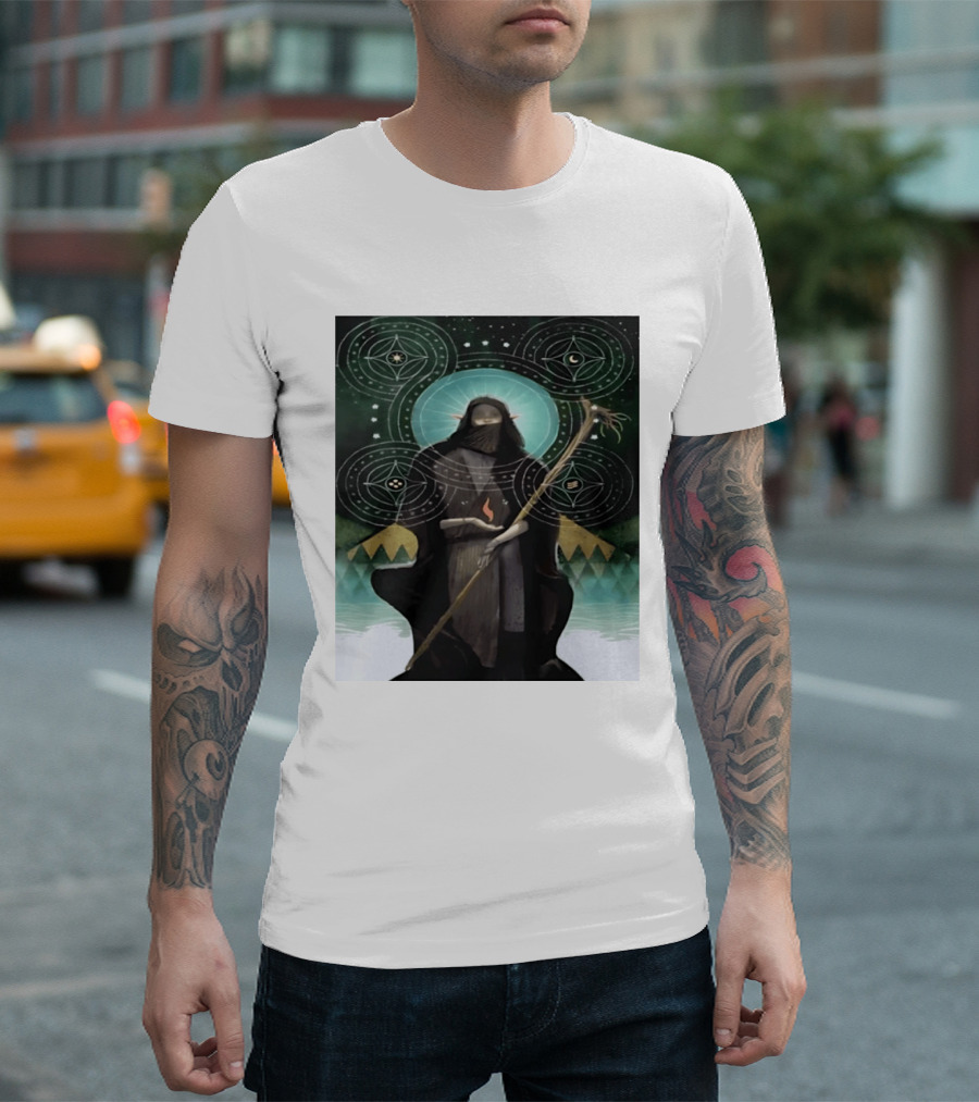 Mystical Elf Mage Staff Elemental Magic Symbols Enchanted Circles T-Shirt