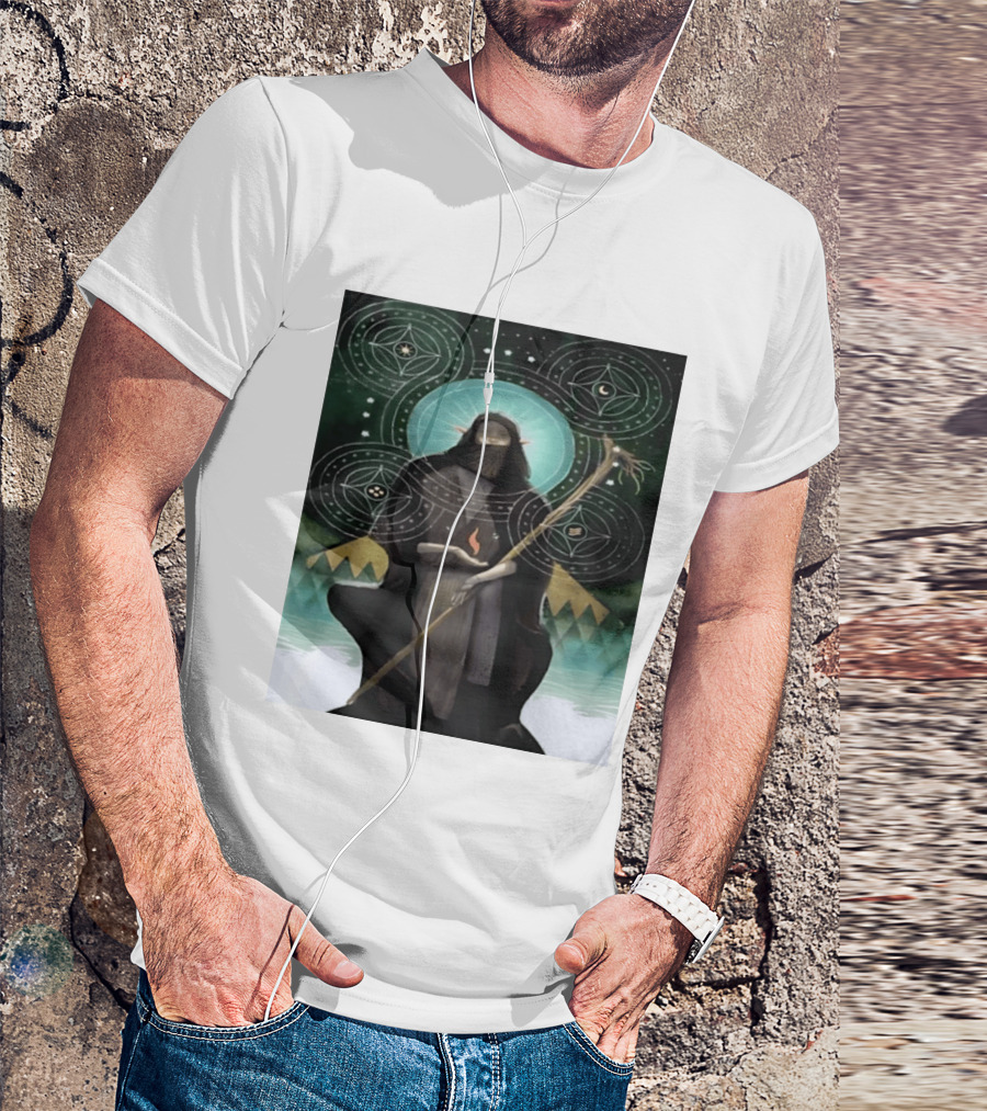 Mystical Elf Mage Staff Elemental Magic Symbols Enchanted Circles T-Shirt