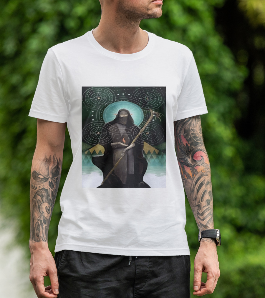 Mystical Elf Mage Staff Elemental Magic Symbols Enchanted Circles T-Shirt