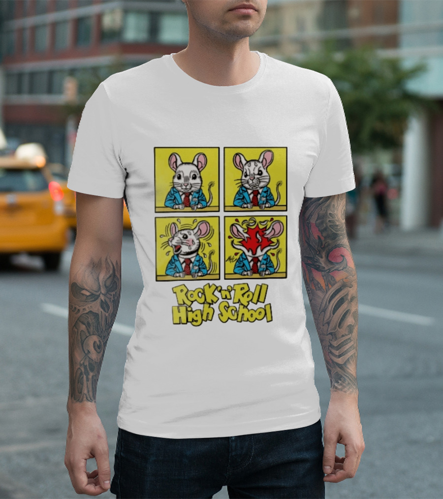 Rock N Roll High School Comic Mouse Head Explosion Cartoon Panels T-Shirt