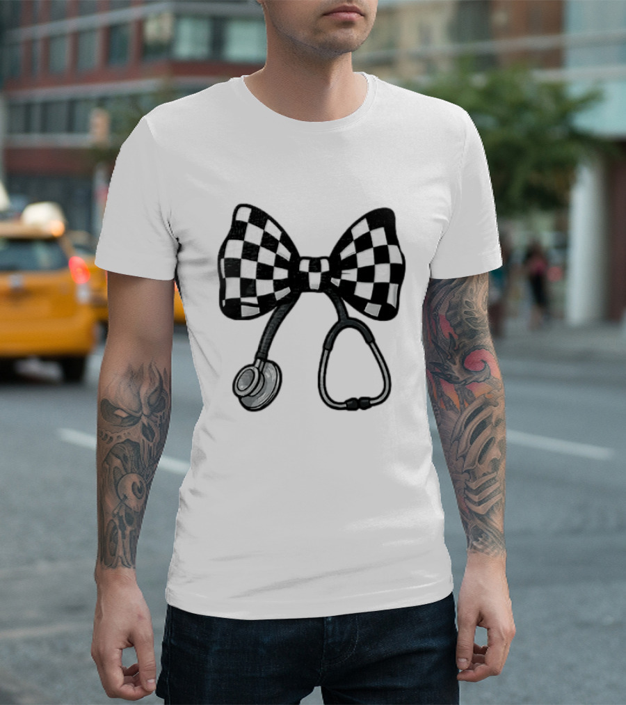 Checkered Bow Stethoscope Medical Nurse T-Shirt