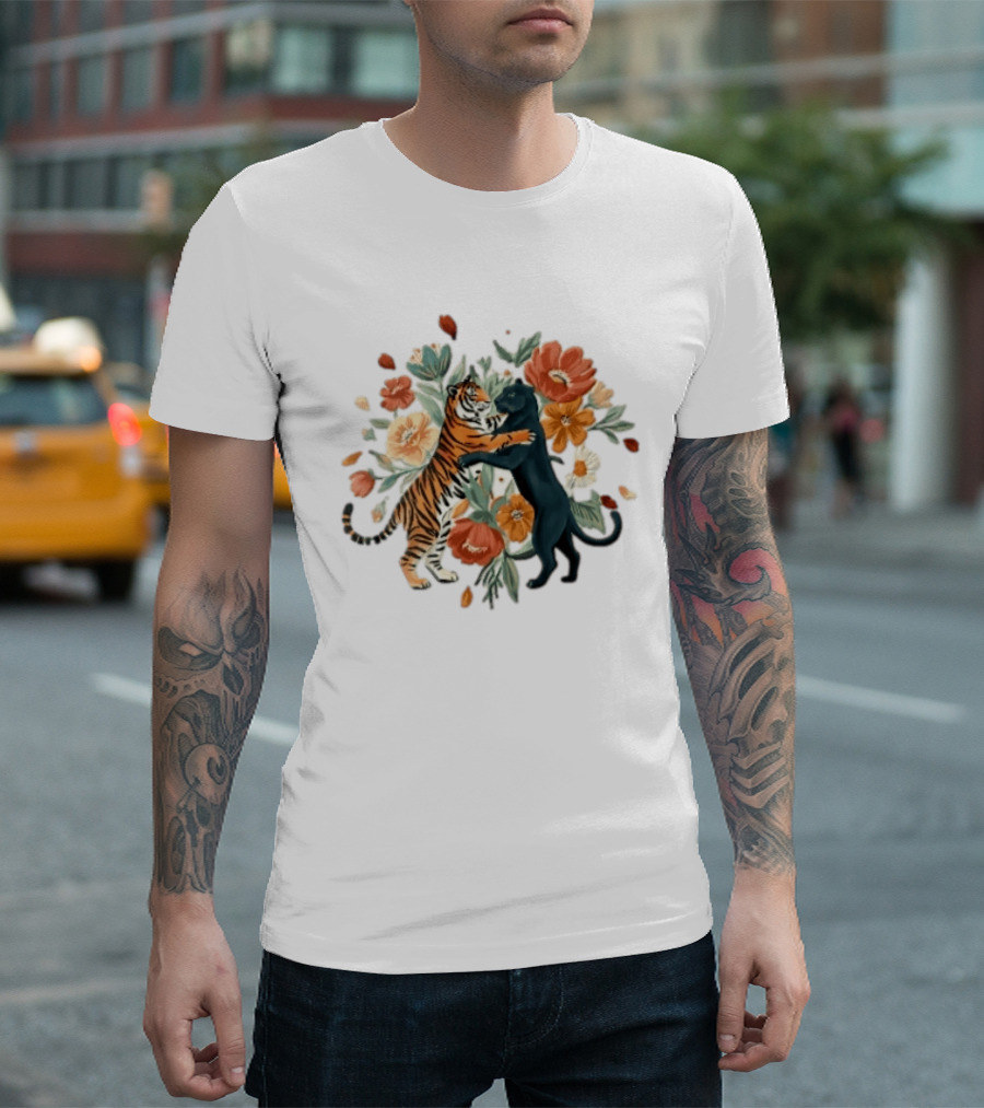 Tiger Black Panther Embrace Floral Bouquet Watercolor T-Shirt