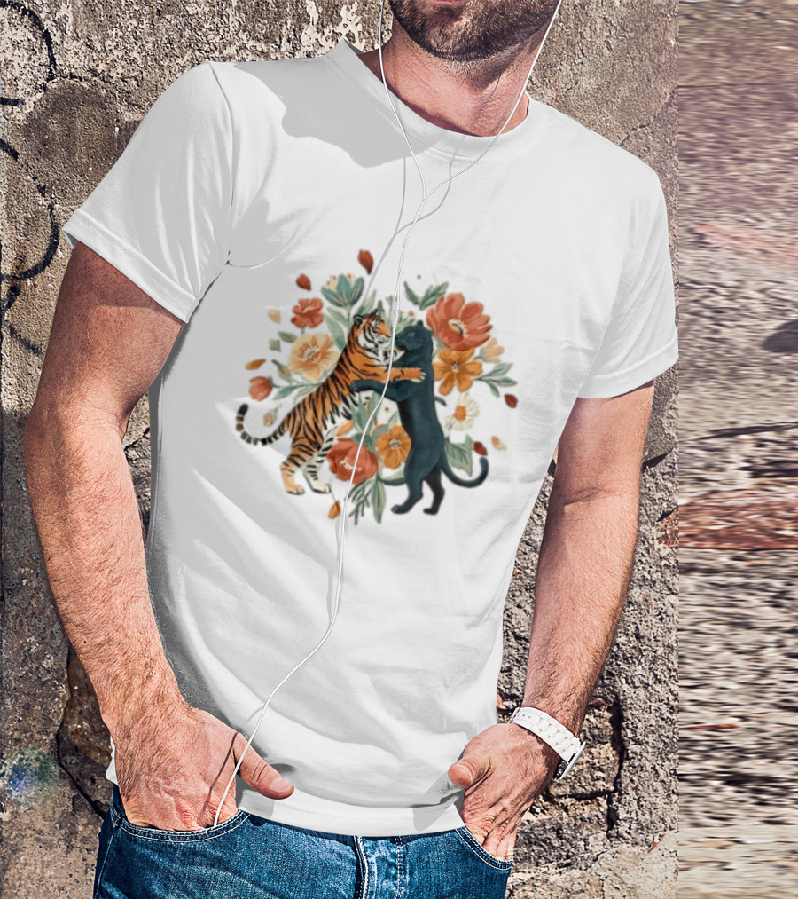Tiger Black Panther Embrace Floral Bouquet Watercolor T-Shirt