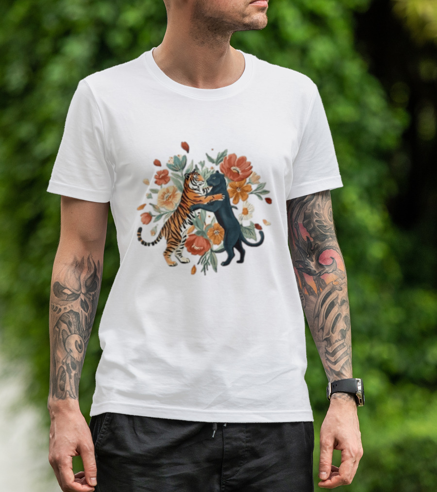 Tiger Black Panther Embrace Floral Bouquet Watercolor T-Shirt