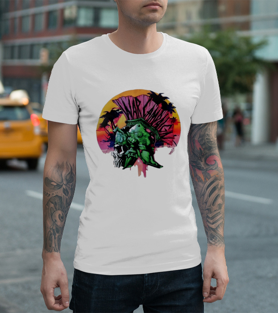 Warcraft Skull Spartan Helmet Tropical Sunset T-Shirt