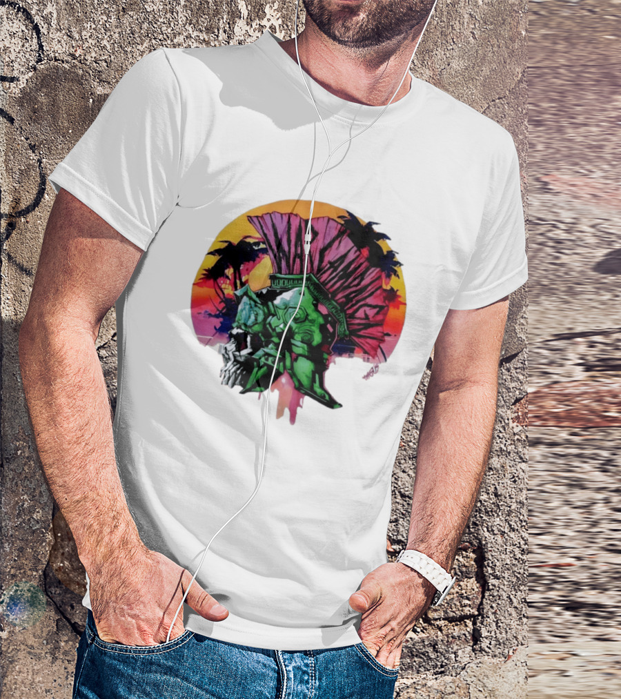 Warcraft Skull Spartan Helmet Tropical Sunset T-Shirt