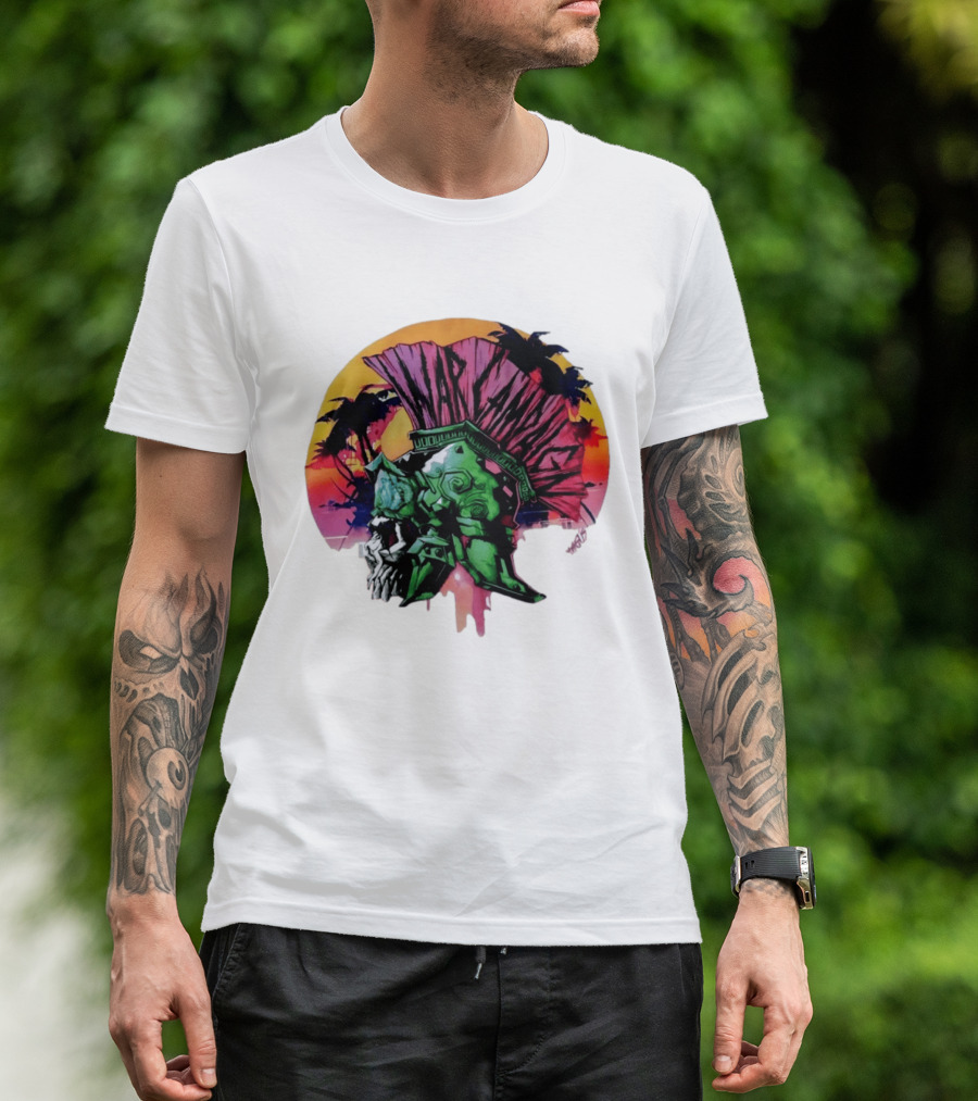 Warcraft Skull Spartan Helmet Tropical Sunset T-Shirt