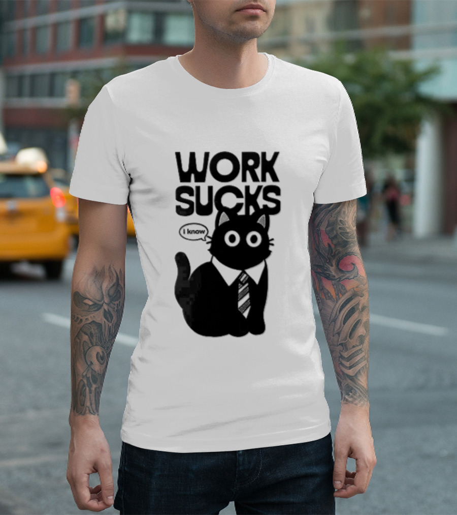 Work Sucks I Know Cartoon Black Cat T-Shirt