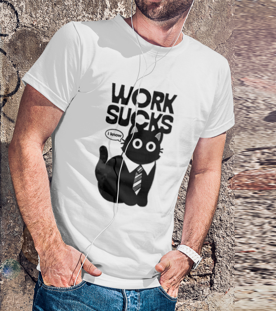 Work Sucks I Know Cartoon Black Cat T-Shirt