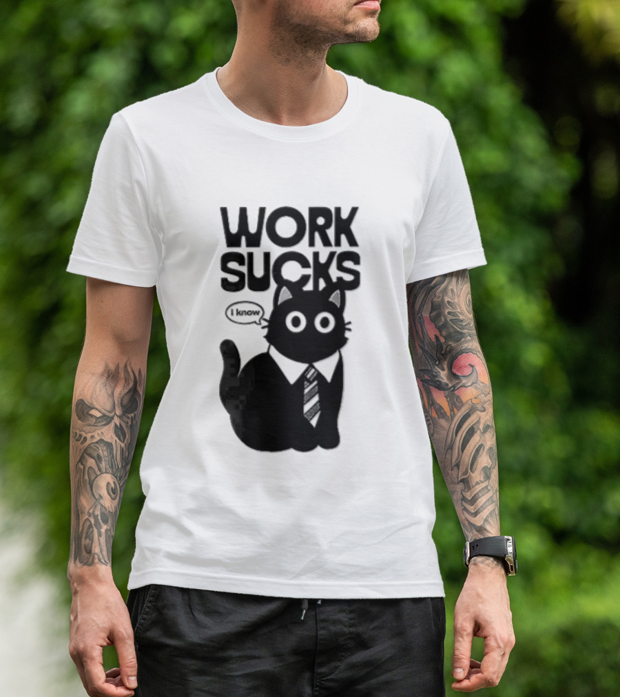 Work Sucks I Know Cartoon Black Cat T-Shirt
