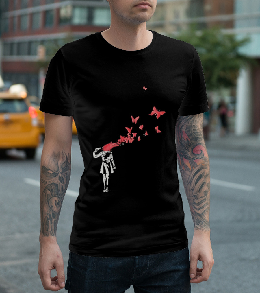 Banksy Girl Red Butterfly Burst Explosion T-Shirt
