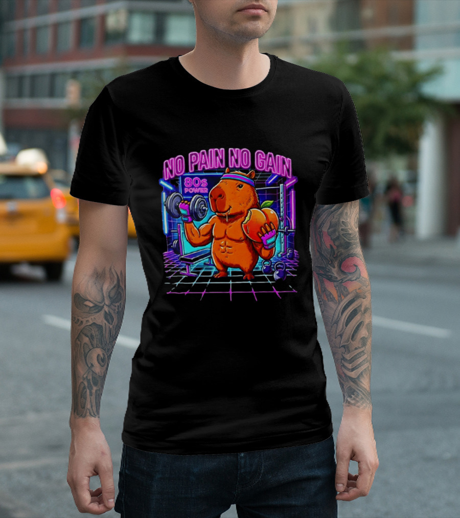 Capybara No Pain No Gain 80s Power Lifting Fitness Workout Gym T-Shirt