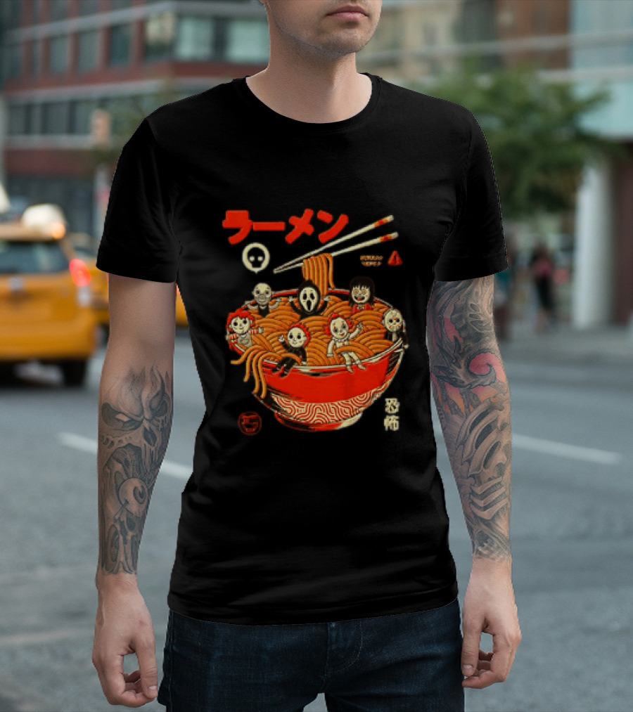 Chucky Ghostface Kayako Michael Myers Pennywise Jason Voorhees Ramen Horror Characters Eat Scream T-Shirt