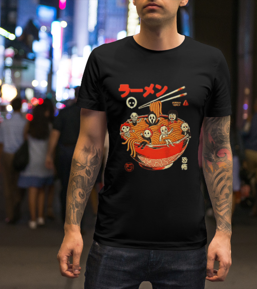 Chucky Ghostface Kayako Michael Myers Pennywise Jason Voorhees Ramen Horror Characters Eat Scream T-Shirt