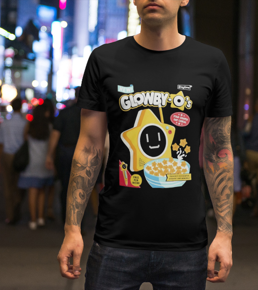 NEW Playtime Co Glowby O's Star Shaped Oat Cereal Box With Smiling Star And Bowl Of Cereal Bites T-Shirt