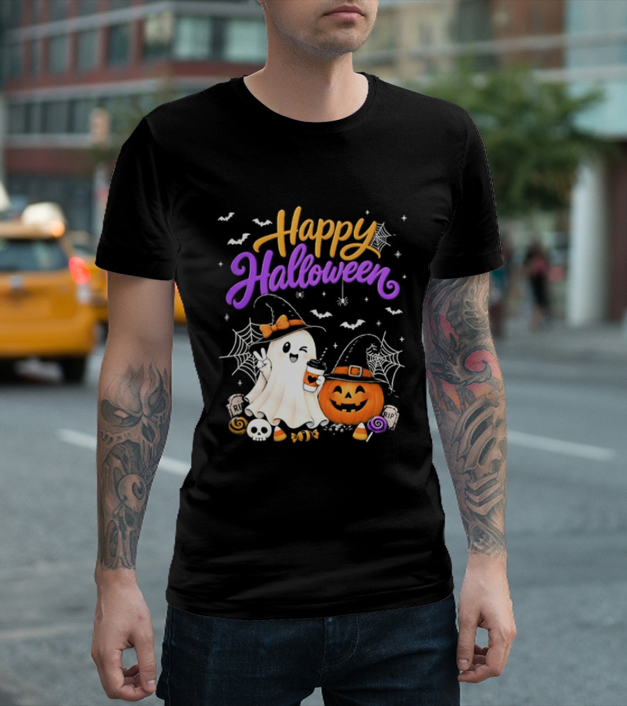 Happy Halloween Ghost Pumpkin Candy And Spider Webs T-Shirt