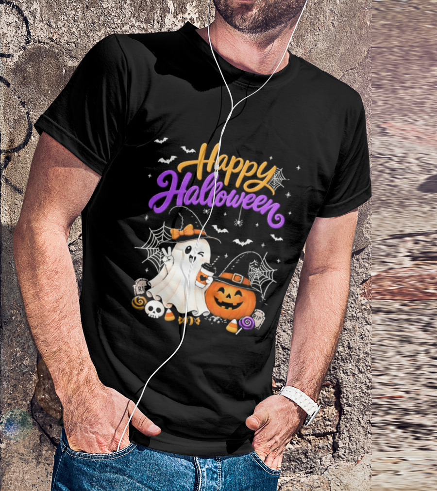 Happy Halloween Ghost Pumpkin Candy And Spider Webs T-Shirt