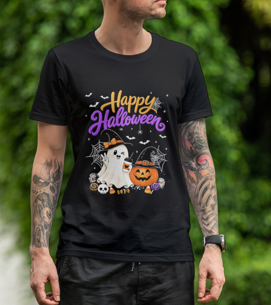 Happy Halloween Ghost Pumpkin Candy And Spider Webs T-Shirt