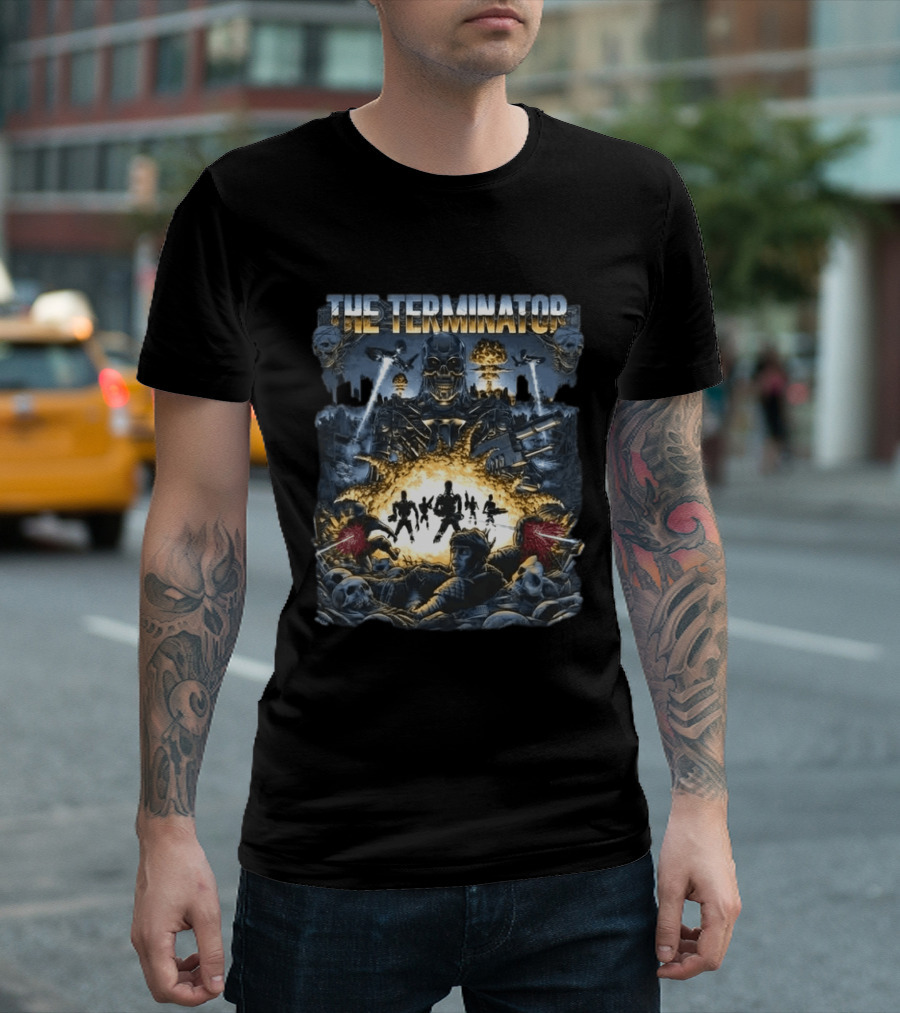 The Terminator Explosive Battle Scene Skull Motif With 800 Endoskeleton T-Shirt
